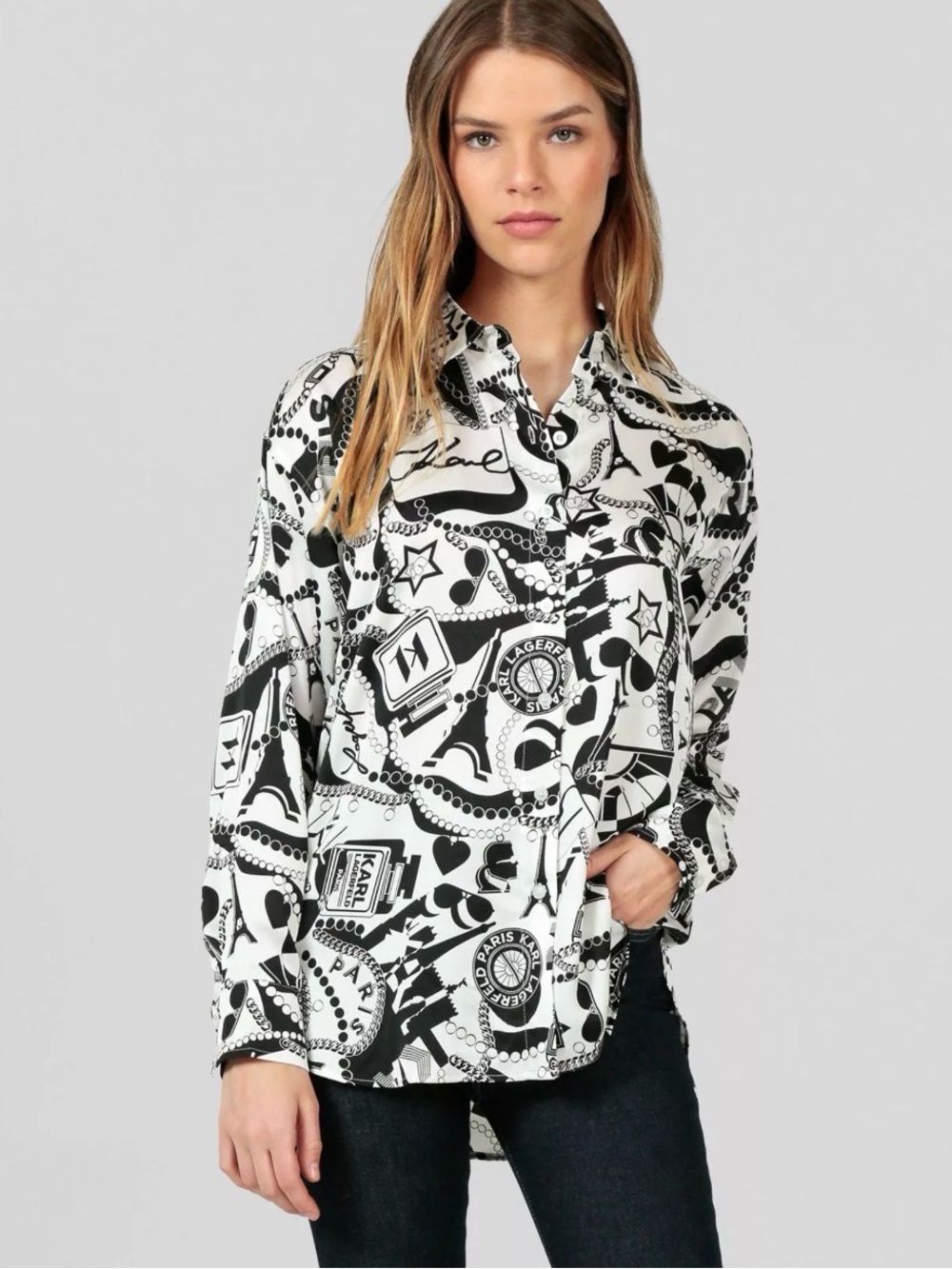 Karl Lagerfeld Black & White Chain-Print Button Down Shirt